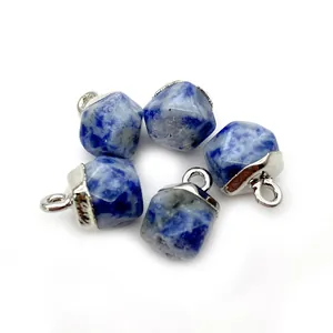 Five natural blue sodalite faceted stone pendants with silver metal loops for DIY necklaces