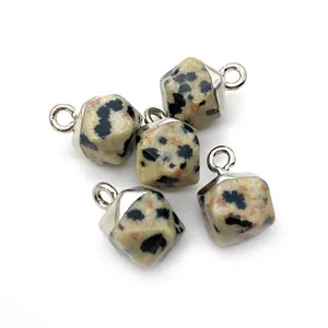 Set of five natural faceted Dalmatian Jasper stone pendants with silver metal hooks
