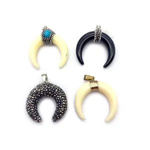 Bohemian resin crescent moon pendants with crystal accents for DIY necklace jewelry