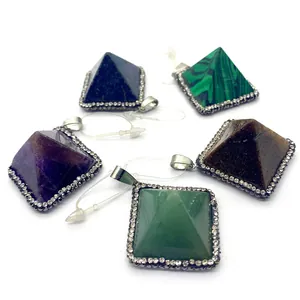 Pyramid natural stone pendants with crystal accents and silver clips in multiple colors