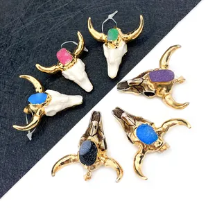 Bohemian Bull Head Skull Pendants With Gold Plated Horns Natural Druzy Stone Acrylic Pendants For DIY Jewelry Necklace Crafting