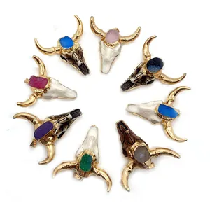 Set of 8 bull head necklace pendants with natural druzy stones and golden horns