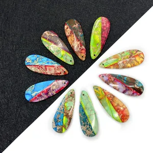 Set of 10 teardrop Imperial Jasper stone pendants with colorful mosaic textures for DIY jewelry