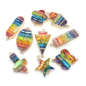 Nine colorful imperial stone pendants with gold metal edges and double rings for DIY jewelry