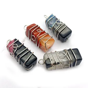 Set di 4 ciondoli rettangolari in agata naturale 19x40mm con filo d'argento avvolto a mano