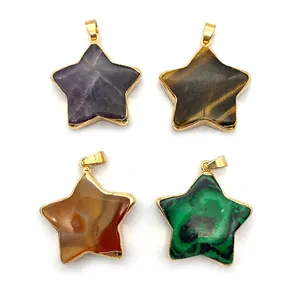 Natürliche sternförmige Steinanhänger mit Goldrand in Amethyst Tigerauge und Malachit