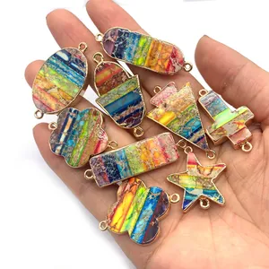Colorful natural stone connectors with gold plating and dual rings in various shapes
