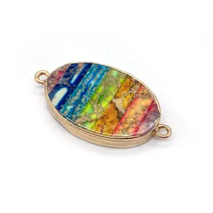 Rainbow natural stone oval pendant with gold plated double loops for jewelry making