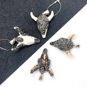 Vintage Bull Head Skull Pendant Acrylic Rhinestone Inlaid Metal Bail Charms For DIY Jewelry Making Necklace Wedding Party Women Men Accessory