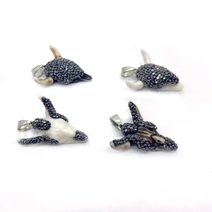 Natural stone ox skull pendants with black crystals for DIY necklace making jewelry