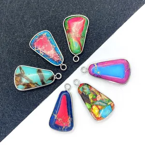 Set of 6 colorful natural stone pendants with silver metal frames for DIY jewelry
