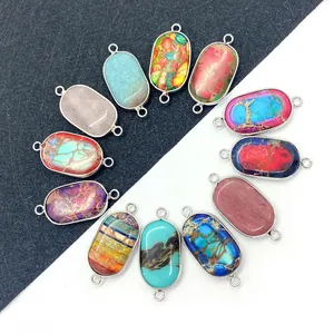 Colorful 16x34mm oval natural stone connectors with silver metal rims and double holes