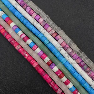 Macro shot of 6x9mm cylindrical cut natural stone beads in various vibrant colors