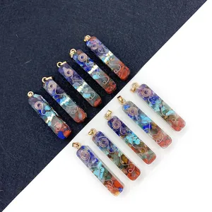 Natural Stone Chips Resin Rectangular Pendant Only (Without Chain) With Copper Spiral Orgone Chakra Energy For DIY Jewelry Accessories