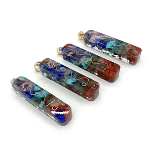Set of four rectangular resin pendants with natural crushed stones and copper spirals