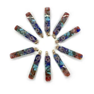 Natural gemstone resin pendant with copper wire spiral in a 10-piece radial display