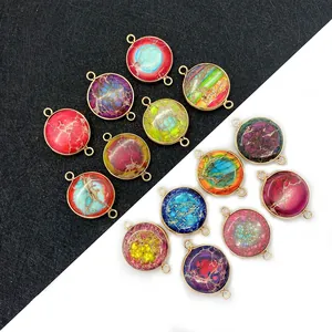 Natural Emperor Stone Round Flat Connector Pendant Gold Plated Alloy Bezel Multi Color Jewelry Making DIY Charm For Women