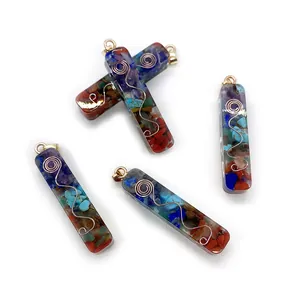 Chakra resin pendant with colorful natural stones and silver wire wrap for DIY necklaces