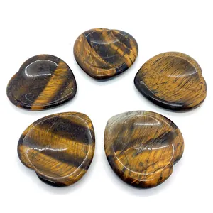 Cinque pietre naturali a occhio di tigre a forma di cuore con texture lucida su fondo bianco