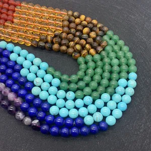 Rainbow sequence of round 8mm natural tiger eye, lapis lazuli and agate stone beads