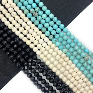 Natural Turquoise Loose Beads Round Stone For Jewelry Making DIY Bracelet Necklace Black White Blue Polished Accessory