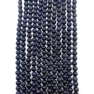 Perles rondes en grès bleu poli avec effet étoilé scintillant pour bijoux DIY