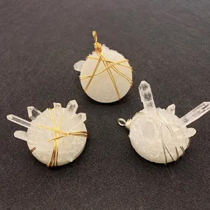 Three handmade raw white crystal stone pendants with creative wire wrap and hanging loops