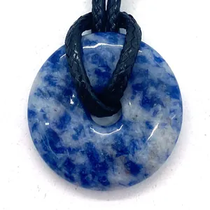 Blue natural stone donut pendant necklace with black braided cord 20mm charm