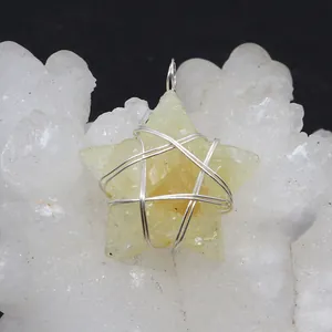 Detailed wire-wrapped yellow crystal star pendant on white mineral background