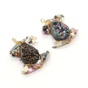 Handmade wire-wrapped natural pearl and druzy crystal water drop pendant charms