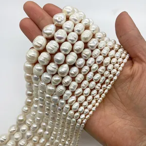 Macro shot of natural cream white freshwater pearl strands in various sizes 3-12mm
