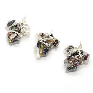 Irregular natural resin pendant with freshwater pearl and handmade wire wrapping jewelry