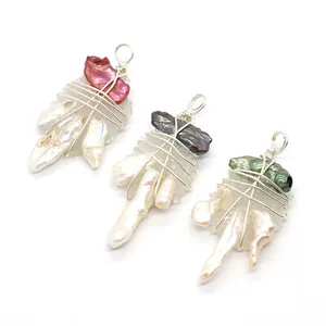 Natural baroque pearl resin pendants with wire wrapped crystals in three colors