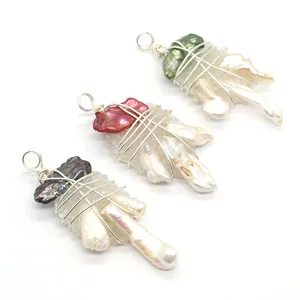 Handmade silver wire wrapped natural baroque pearl and white crystal pendants set