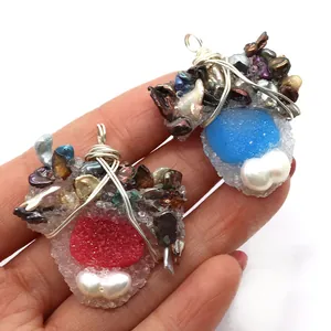 Handmade irregular natural freshwater pearl and colorful resin crystal pendant with wire wrap
