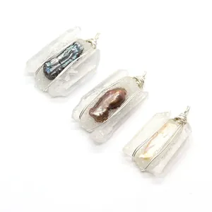 Handmade wire wrapped baroque pearl and natural white crystal pendants set in three colors