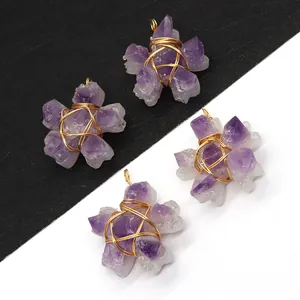 Natural Amethyst Raw Stone Flower Pendant Purple Crystal Wire Wrapped Star Charm For DIY Jewelry Making Necklace Wedding Party Gift