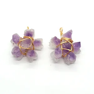 Natural purple crystal flower pendant with handmade gold wire wrapping for DIY jewelry