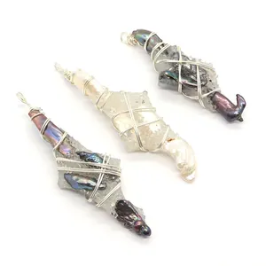 Handmade wire wrapped natural crystal clusters and baroque pearl pendants set of three