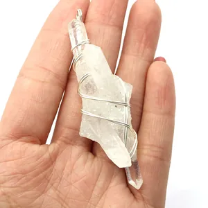 Irregular clear quartz crystal pendant with handmade silver wire wrap for jewelry DIY