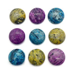 Lot de neuf cabochons ronds en agate folle de 19mm en jaune bleu et violet pour bijoux DIY