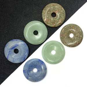 Natural Stone Donut Pendant For Jewelry Making Round Pi Disc Charm Green Aventurine Blue Lapis Unakite DIY Necklace Accessory
