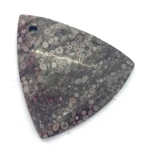 Macro shot of triangular natural agate stone pendant with unique fossil coral textures