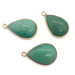 Three teardrop green aventurine stone pendants with gold metal edge for DIY necklaces