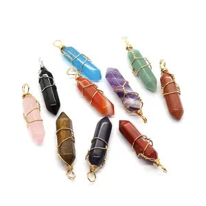 Set van 10 zeshoekige kristallen hangers met draadwikkeling van natuursteen voor DIY-sieraden