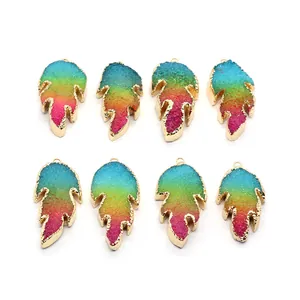 Set of 8 rainbow gradient crystal leaf pendants with gold plated edges for DIY jewelry making