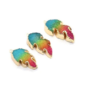 Rainbow crystal druzy leaf pendants with gold plated edges for jewelry making
