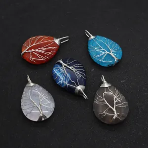 Tree of Life wire wrapped natural stone teardrop pendants in five vibrant assorted colors