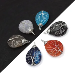 Tree Of Life Natural Stone Agate Pendant Only (Without Chain) Handmade Alloy Wire Wrapped Water Drop Shape DIY Jewelry