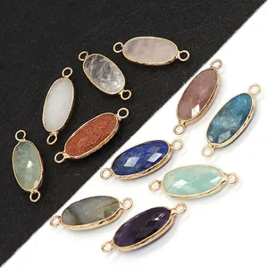 Natural Stone Faceted Oval Pendant Double Loop Connector For DIY Jewelry Making Gold Plated Copper Edging Amethyst Rose Quartz Lapis Charm